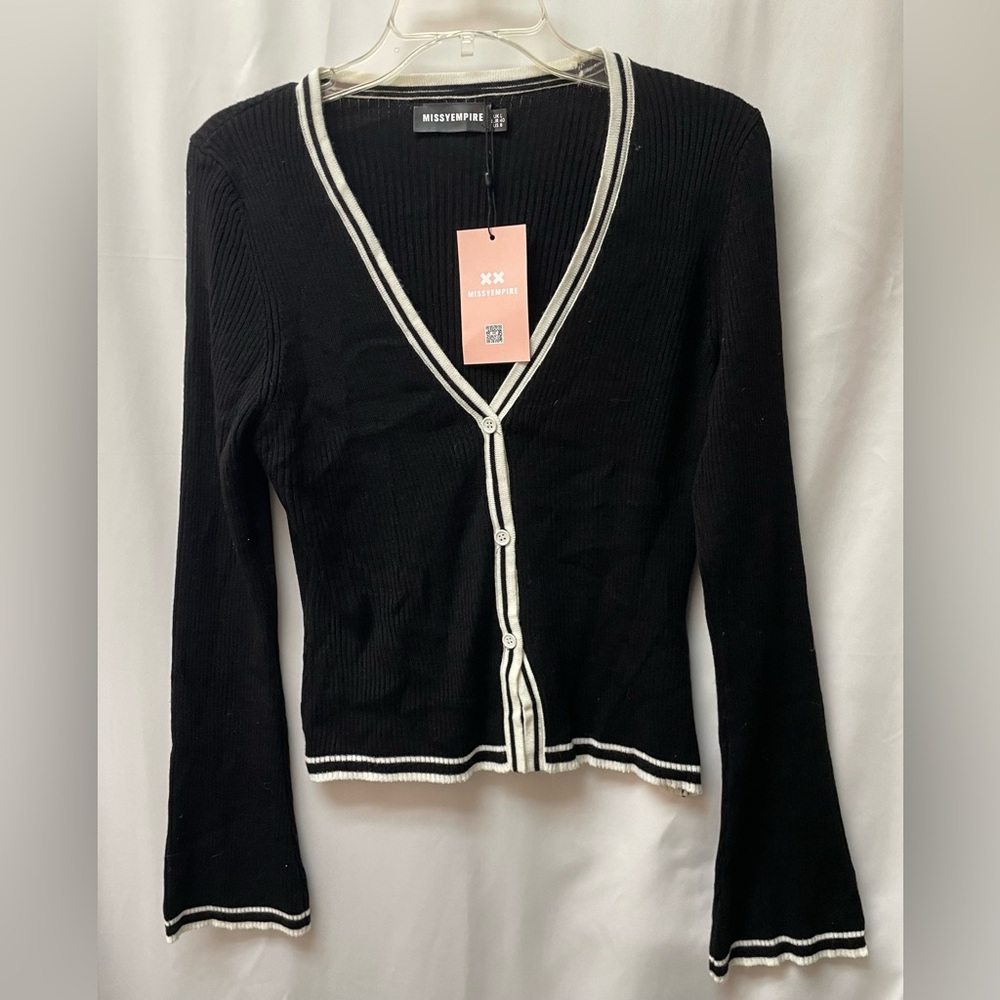 Missyempire Classic Black V-Neck Sweater with White Accents